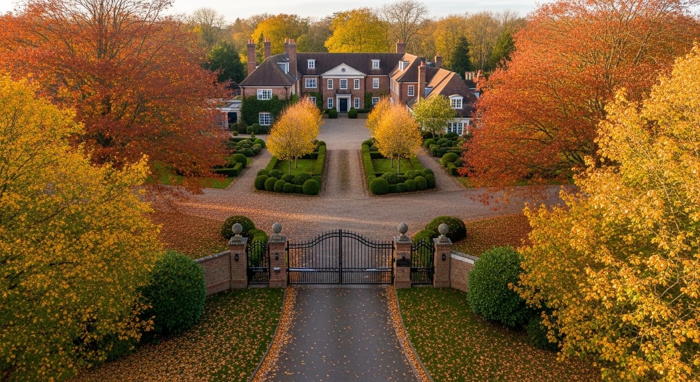 Aerial view of a wide closed estate gate at the entrance to a Surrey property surrounded by autumn trees