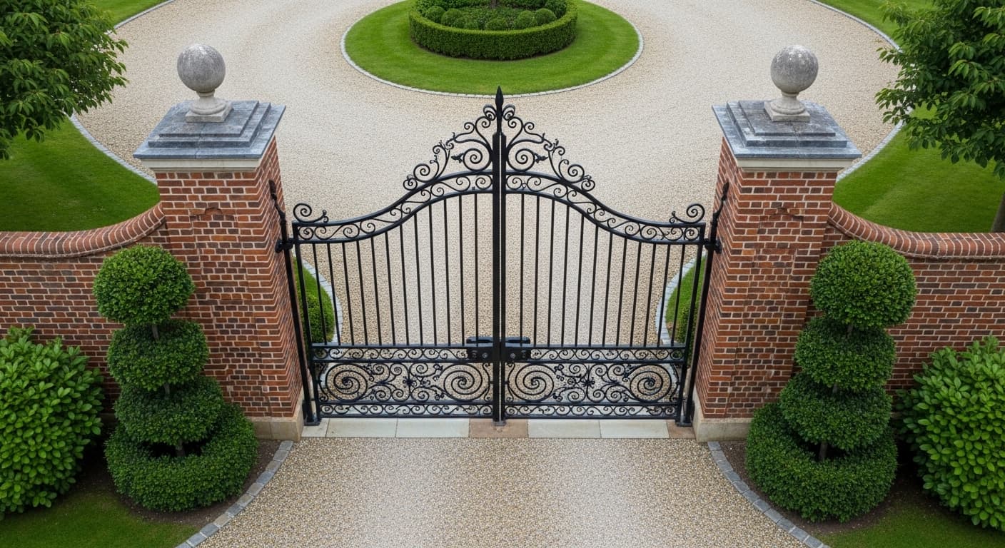 Aerial view of a Surrey estate with wrought iron driveway gates and a gravel circle drive