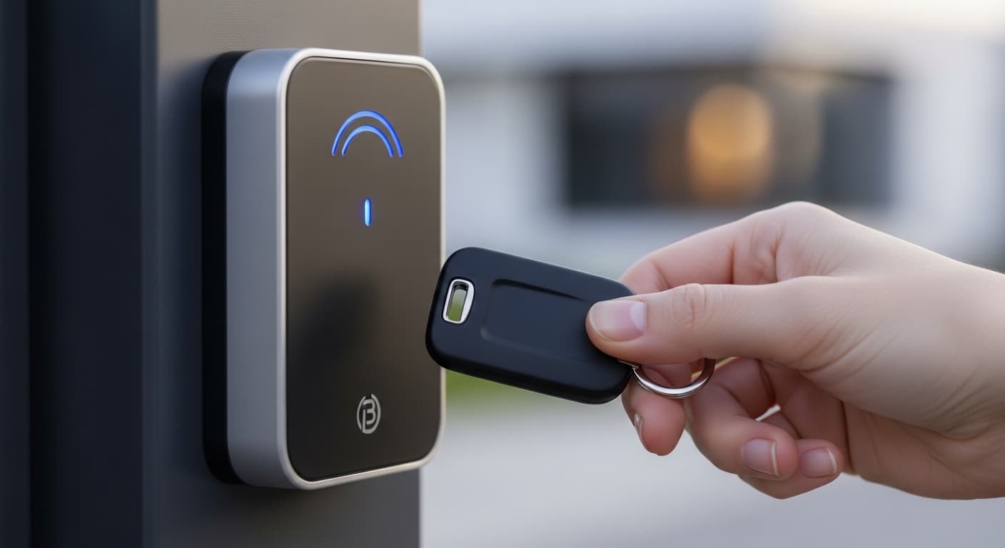 Proximity key fob being held to a gate access reader, blue indicator light, gate visible in background