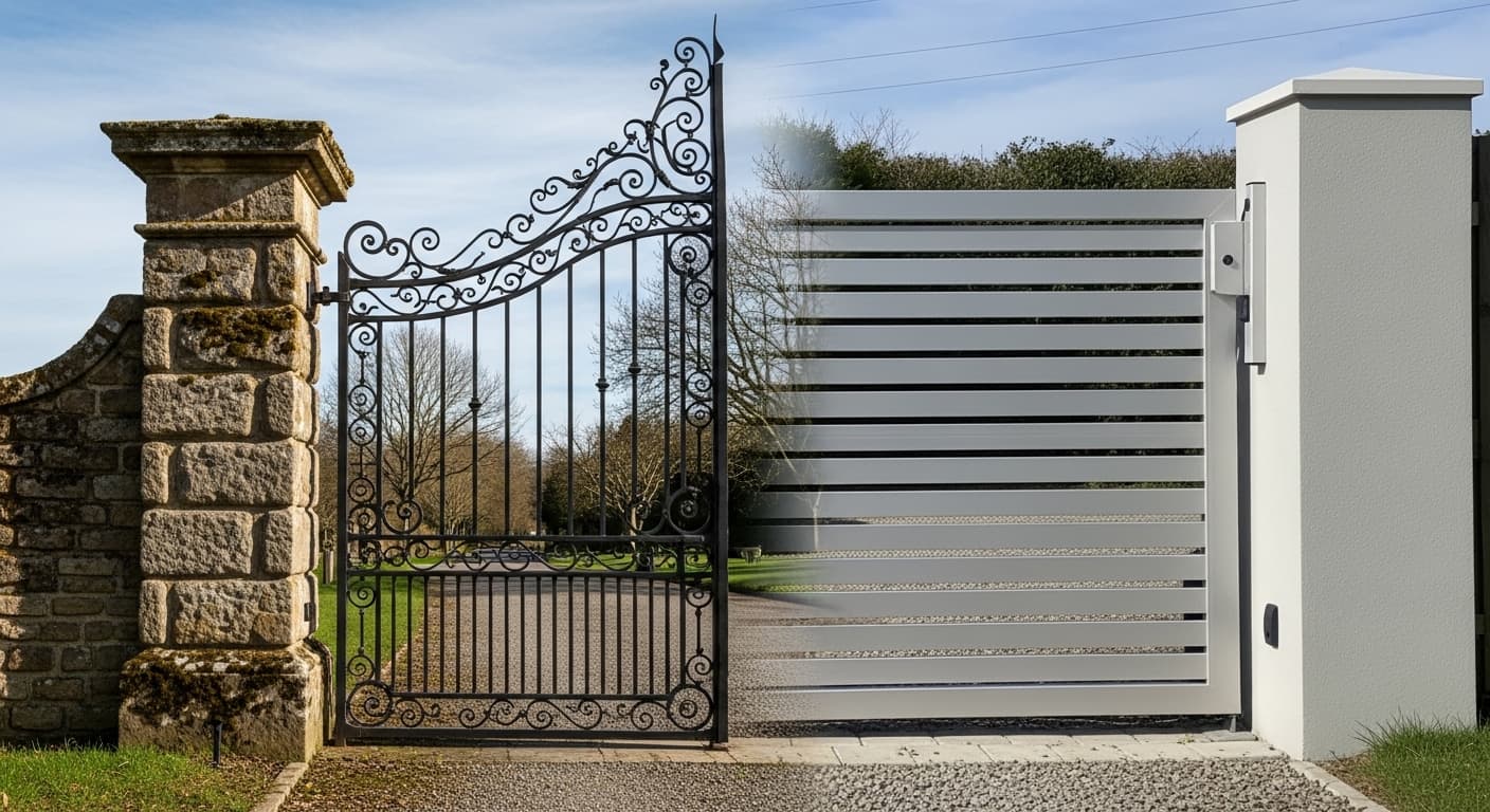 Gate styles comparison — wrought iron and modern aluminium sliding installations across Surrey