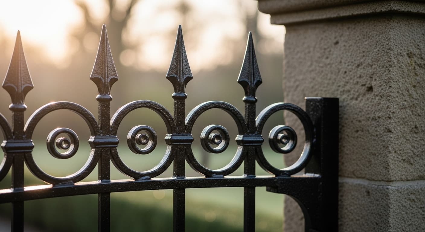 Detail of hand-forged wrought iron gate finials and scrollwork