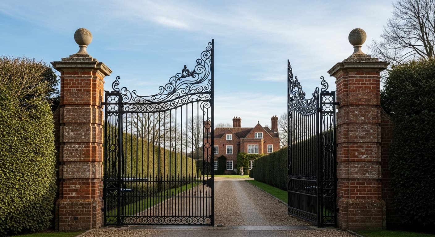 Ornate wrought iron driveway gates opened between brick piers on a Surrey manor house