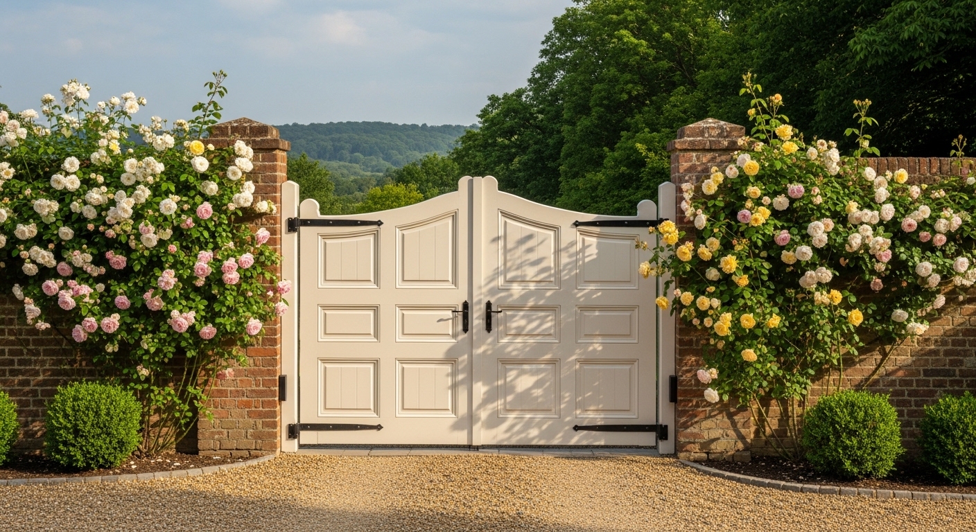 Hardwood iroko driveway gate on an Surrey country property